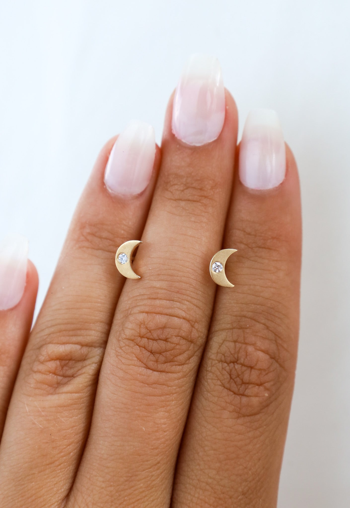 Brushed Gold Diamond Crescent Moon Stud Earrings π