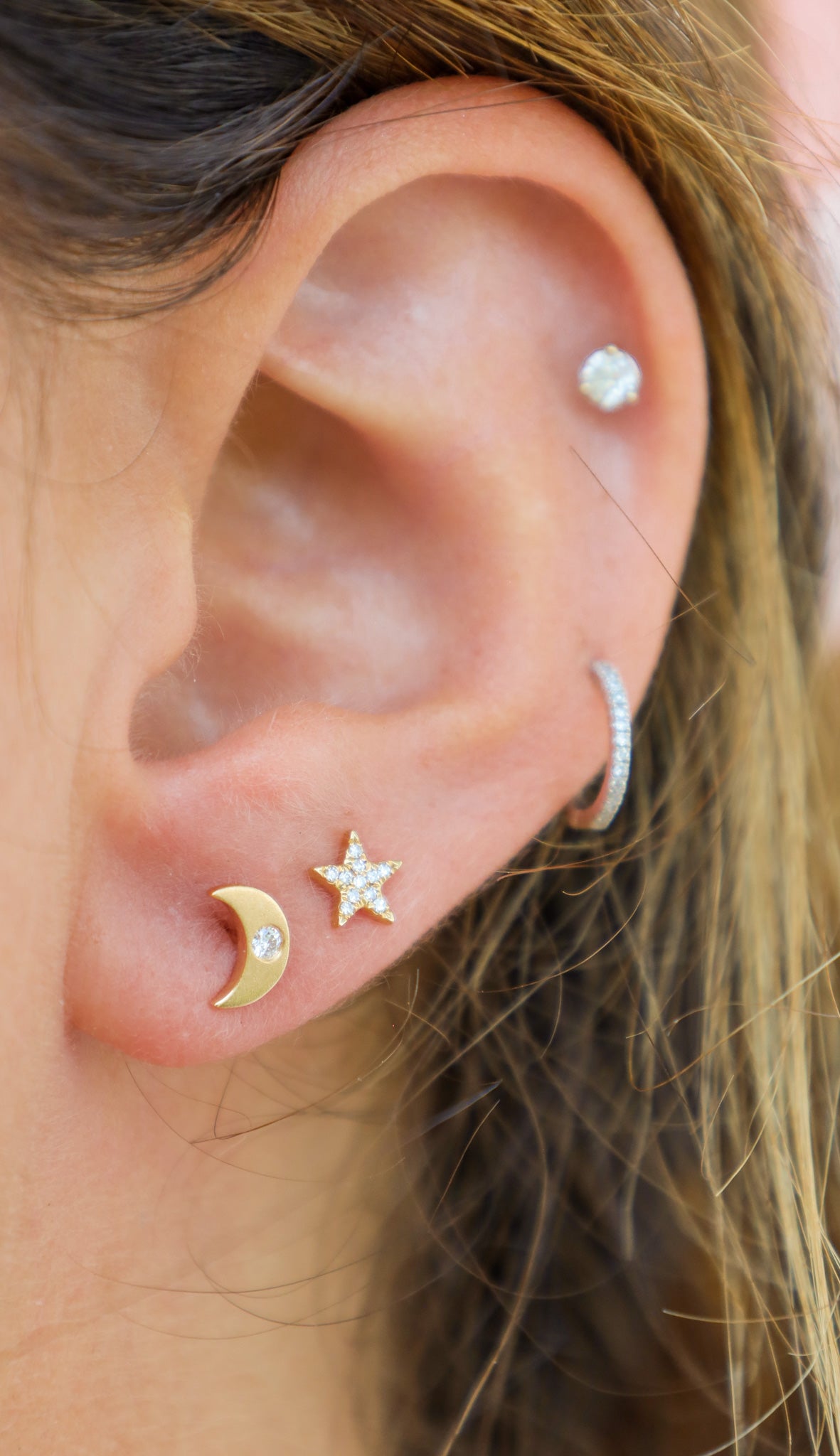 Brushed Gold Diamond Crescent Moon Stud Earrings π