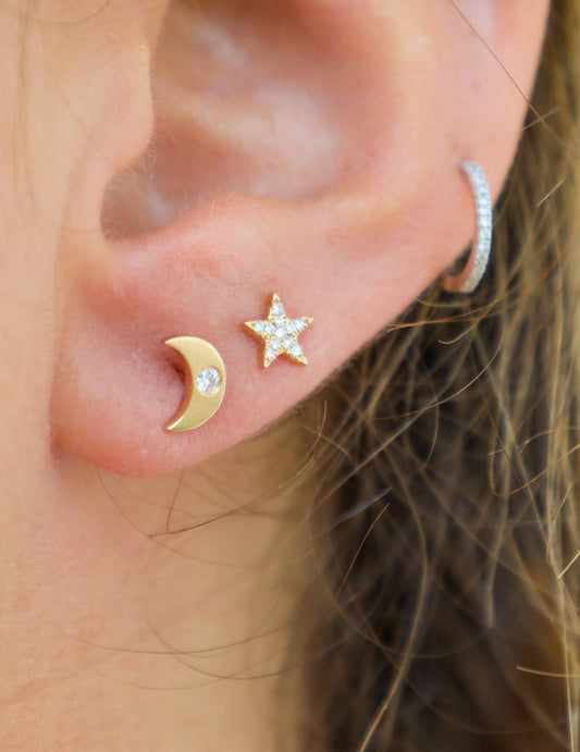Brushed Gold Diamond Crescent Moon Stud Earrings ๐