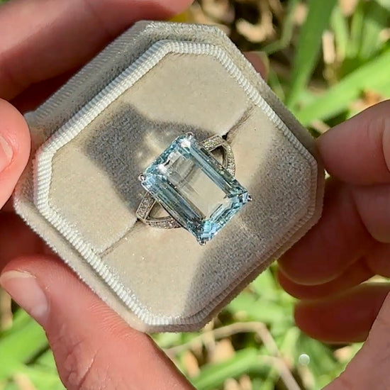 Aquamarine and Diamond Ring in 14K in a fancy White Gold Split Shank Setting