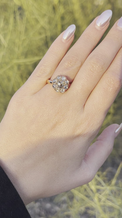 Antique Rose Cut Diamond Rose Gold Foil Back Cluster Ring