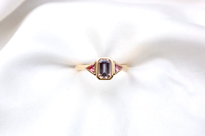 Emerald Cut Pink Sapphire Ring with Hot Pink Trillions