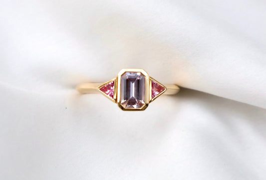 Emerald Cut Pink Sapphire Ring with Hot Pink Trillions