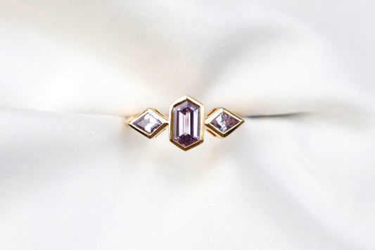 Purple Hexagonal Sapphire Ring with Kite Shaped Side Stones