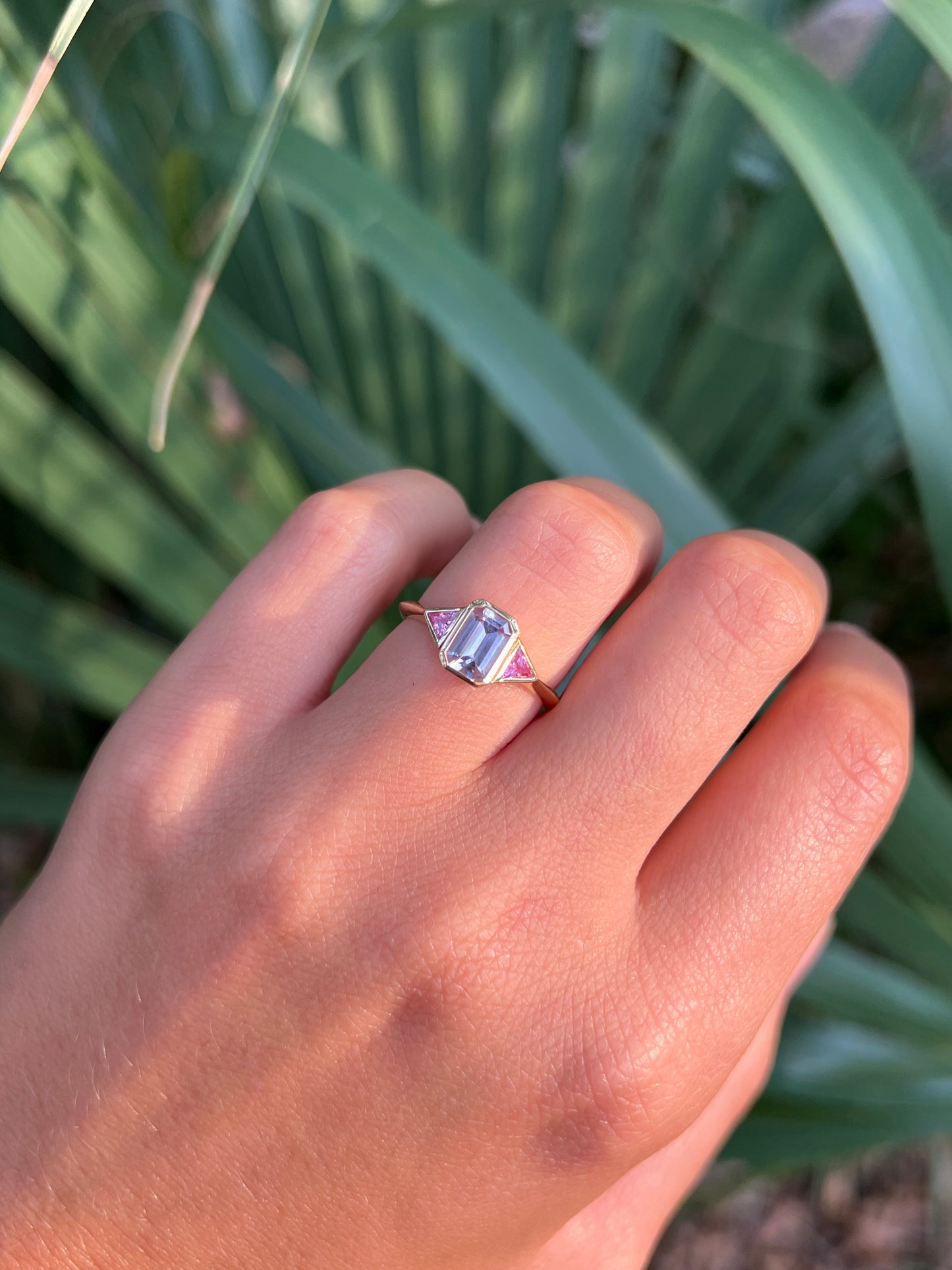 Emerald Cut Pink Sapphire Ring with Hot Pink Trillions