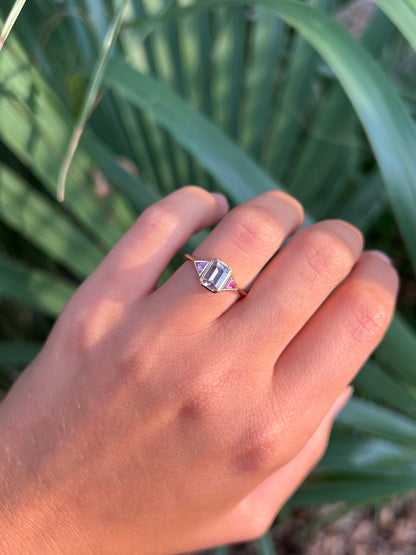 Emerald Cut Pink Sapphire Ring with Hot Pink Trillions