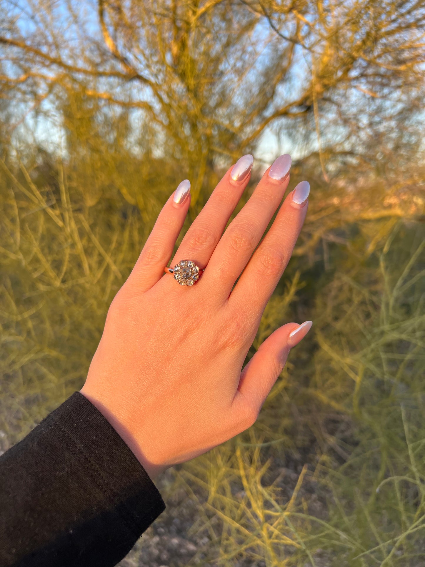 Antique Rose Cut Diamond Rose Gold Foil Back Cluster Ring