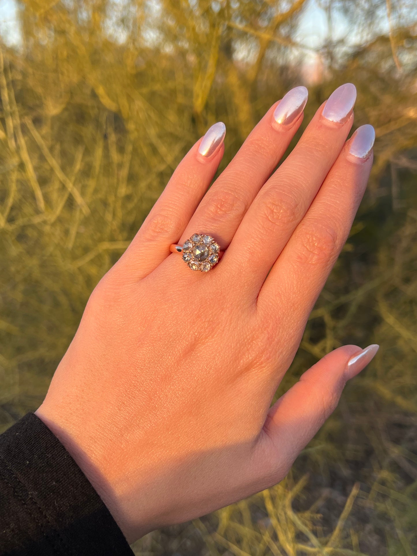 Antique Rose Cut Diamond Rose Gold Foil Back Cluster Ring