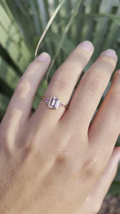 Emerald Cut Pink Sapphire Ring with Hot Pink Trillions